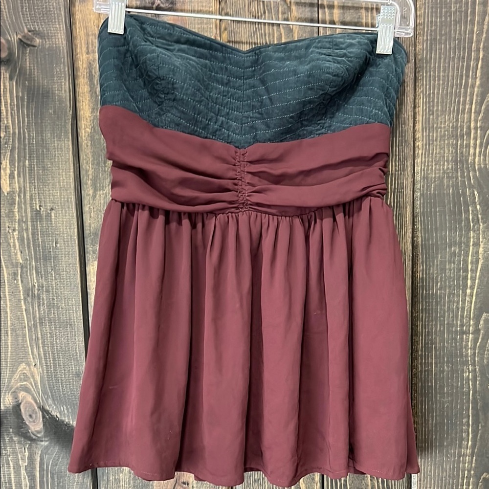Anthropologie Maeve Strapless Top 6 Ruched Flowy Grey Maroon Dressy Boho Dark